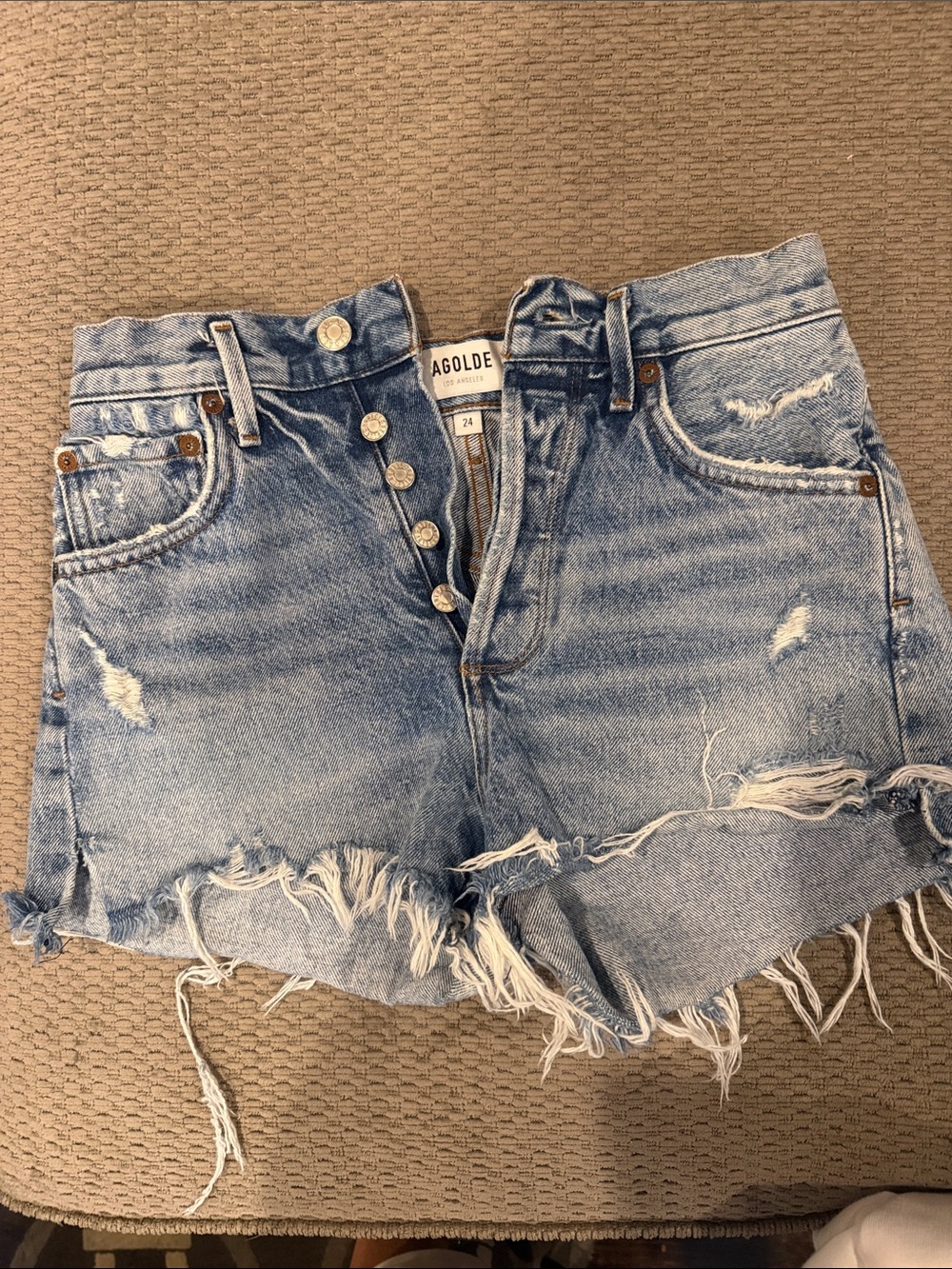 Agolde Light Blue Distressed High-Rise Denim Shorts